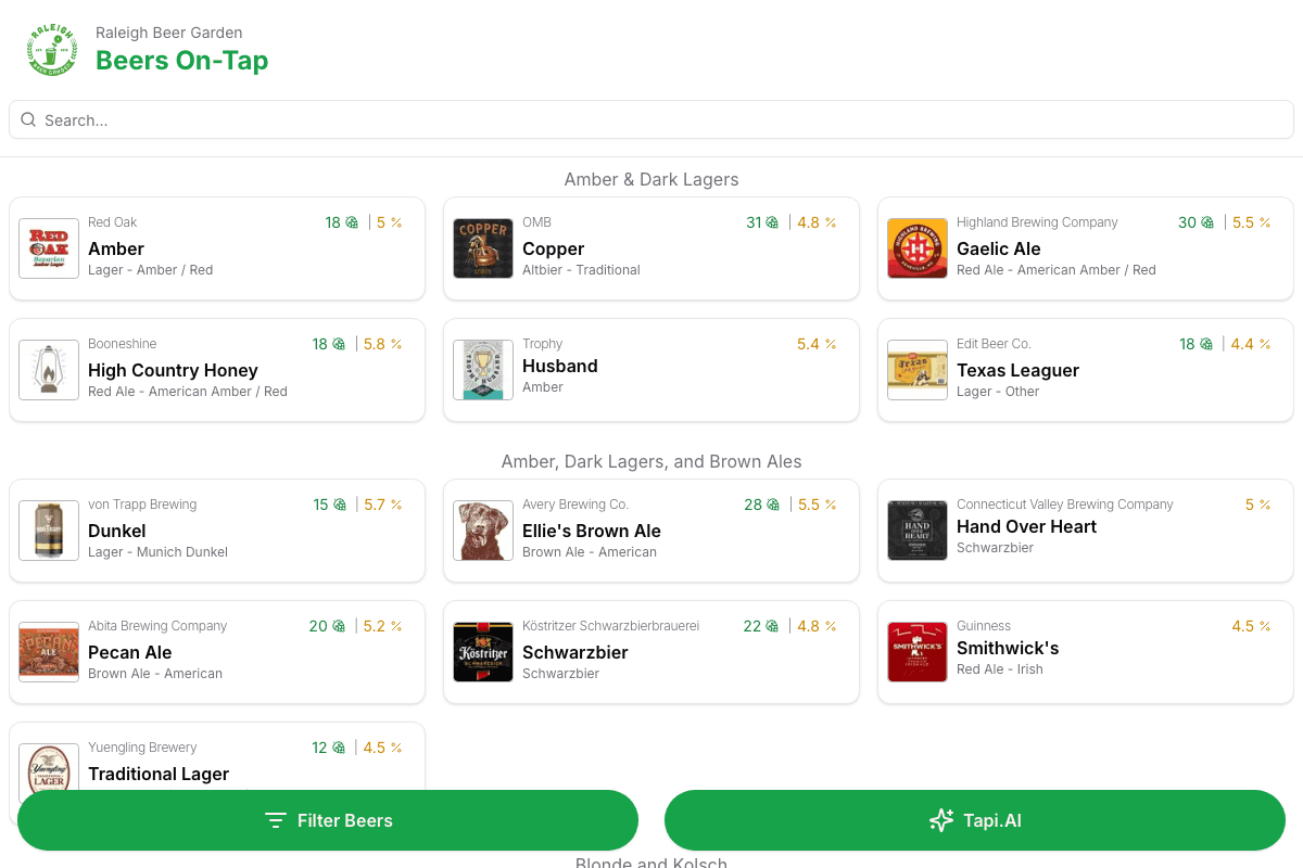 Raleigh Beer Garden’s live Tapi menu with beer labels, styles, ABV, and filtering controls